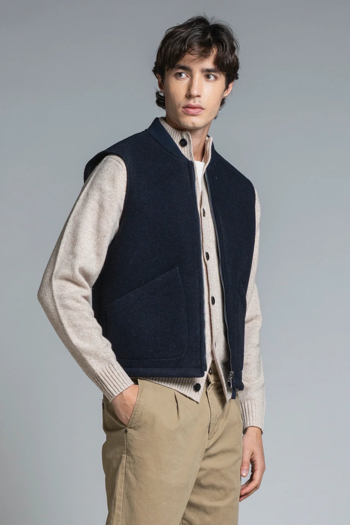 Gilet lana cotta/neoprene zip Terry blu
