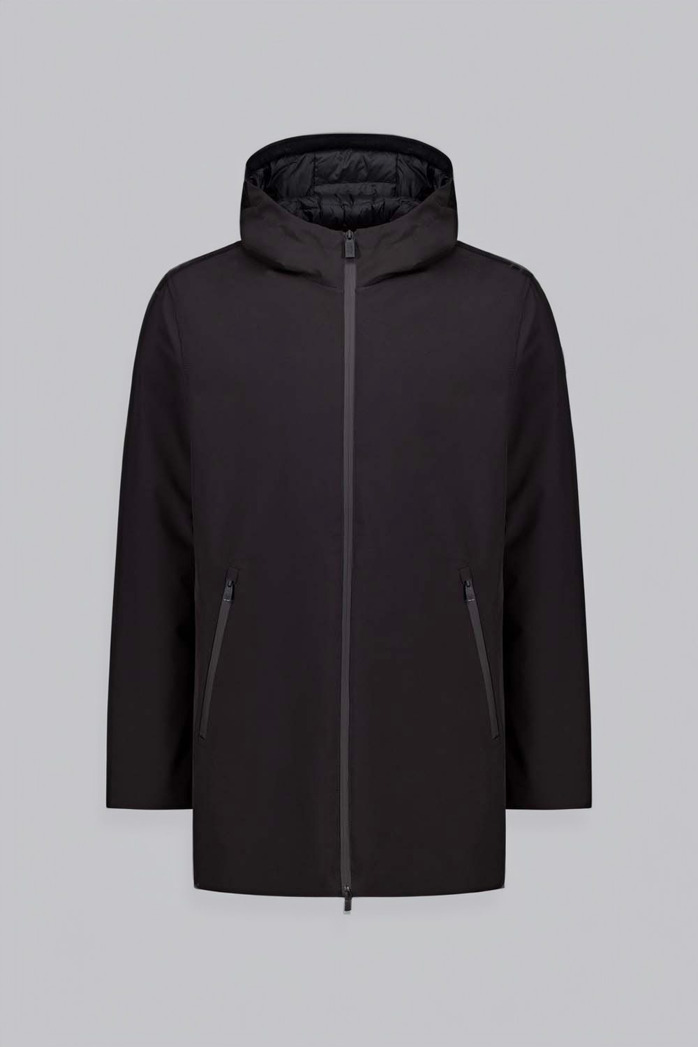 Giacca Lunga Nera In Softshell Con Cappuccio Fisso nero