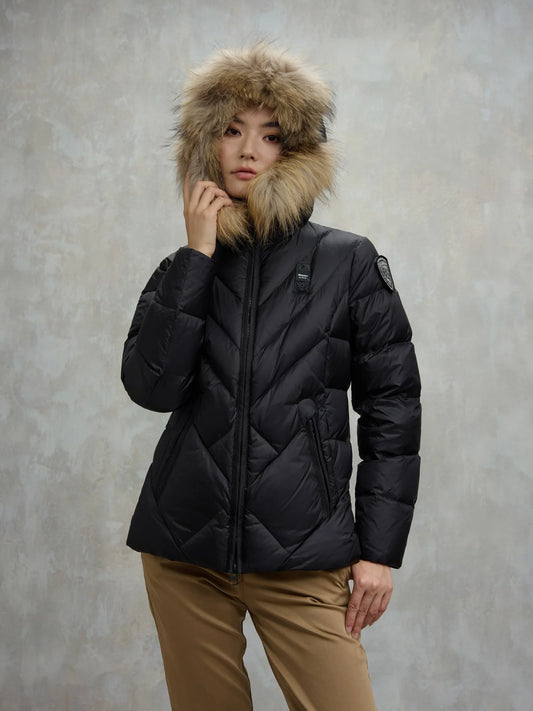 Piumino linee geometriche con pelliccia Alicia nero