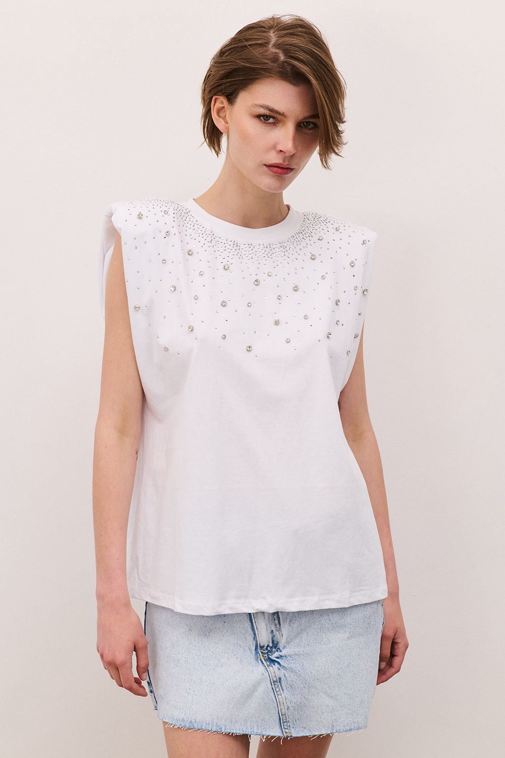 T-shirt strass spallina bianco