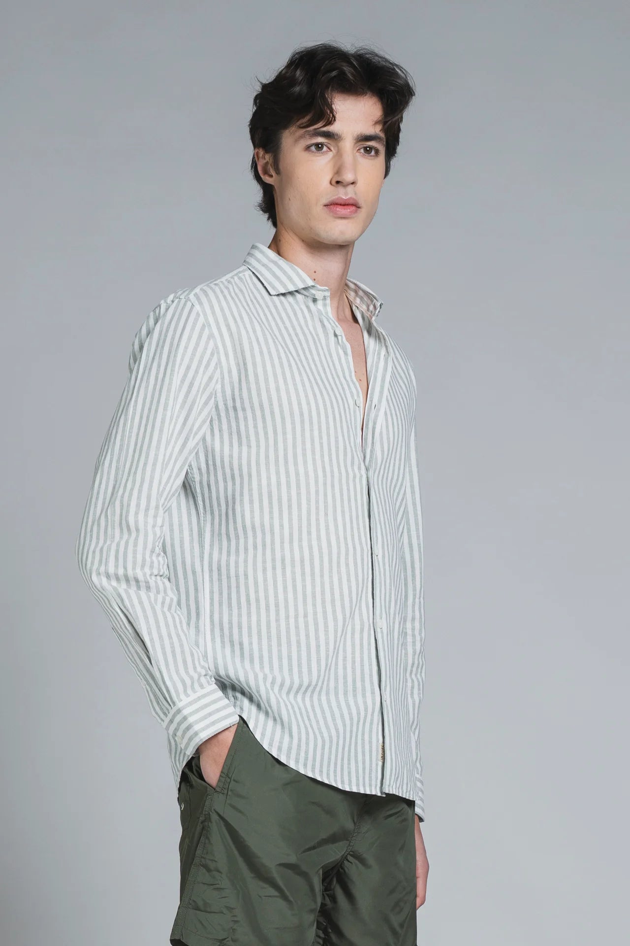 Camicia Riley Lino/cotone riga larga bianco/salvia