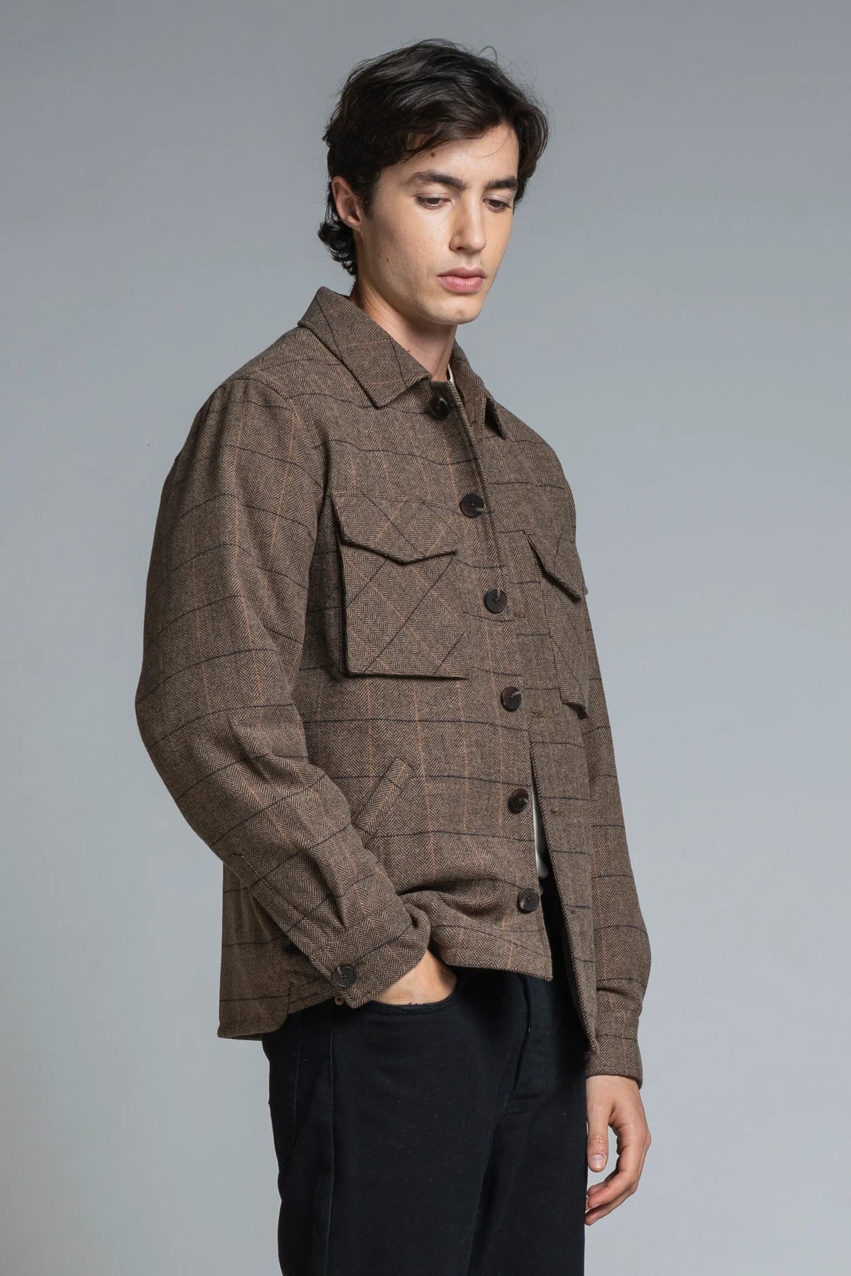 Overshirt Derek in lana check marrone