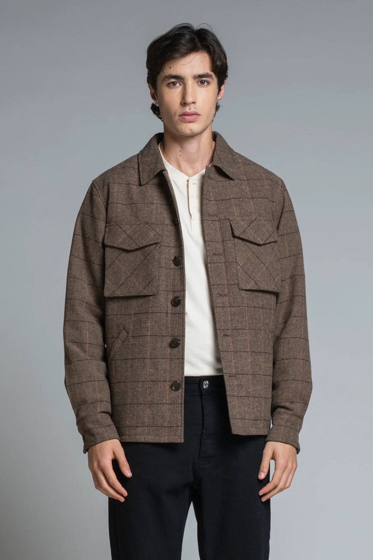 Overshirt Derek in lana check marrone