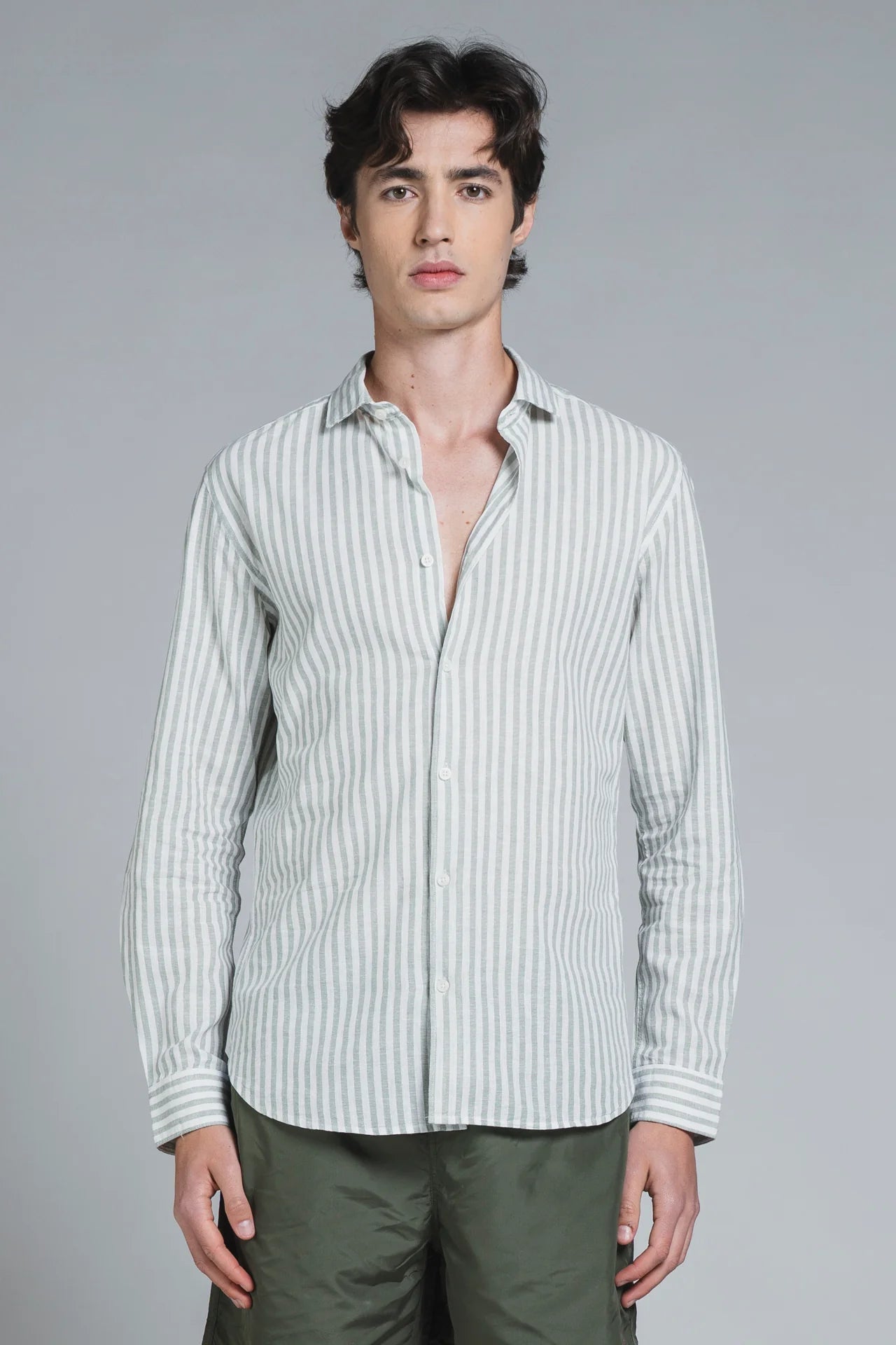 Camicia Riley Lino/cotone riga larga bianco/salvia