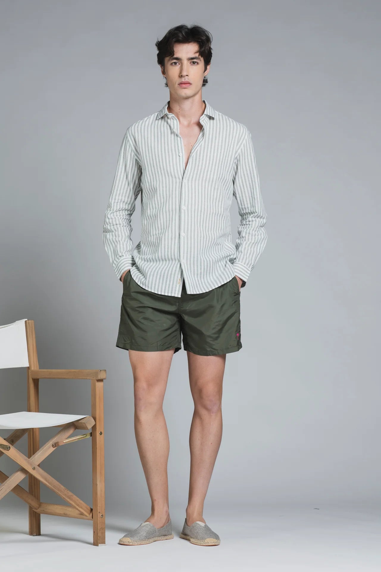Camicia Riley Lino/cotone riga larga bianco/salvia