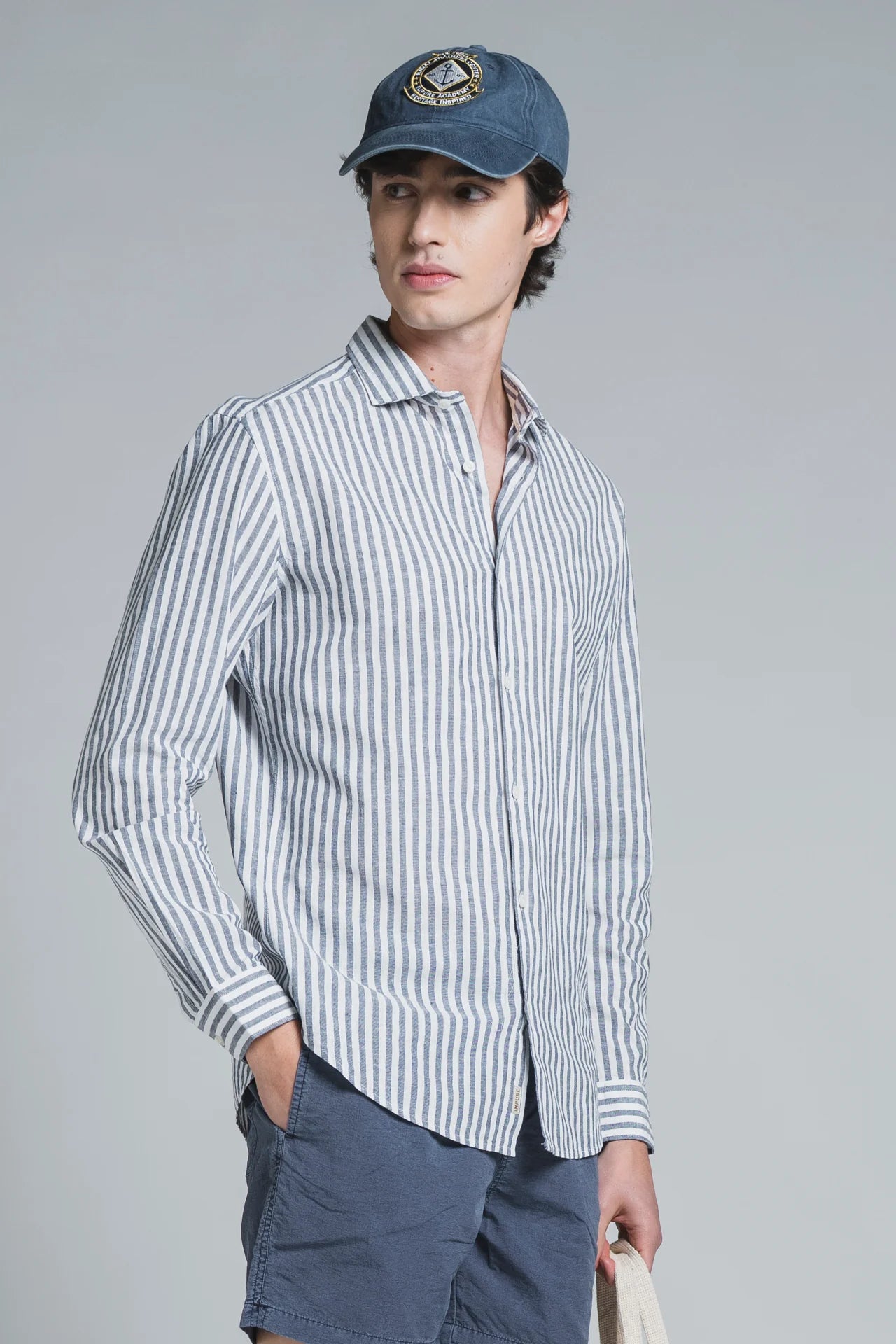Camicia Riley Lino/cotone riga larga bianco/blu