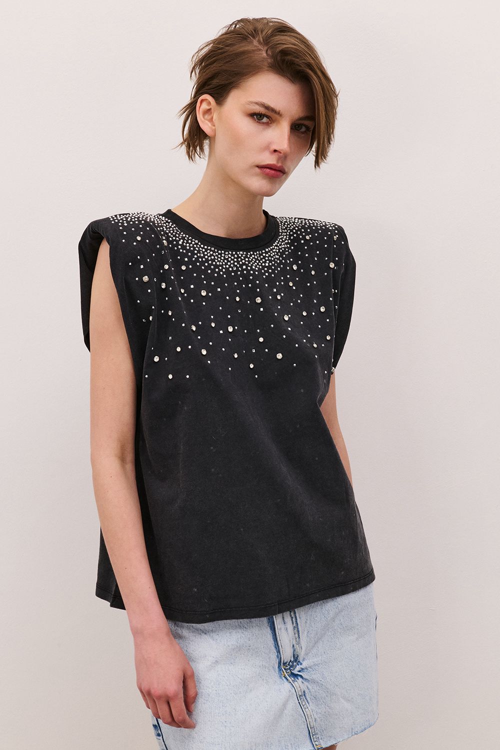 T-shirt strass spallina nero