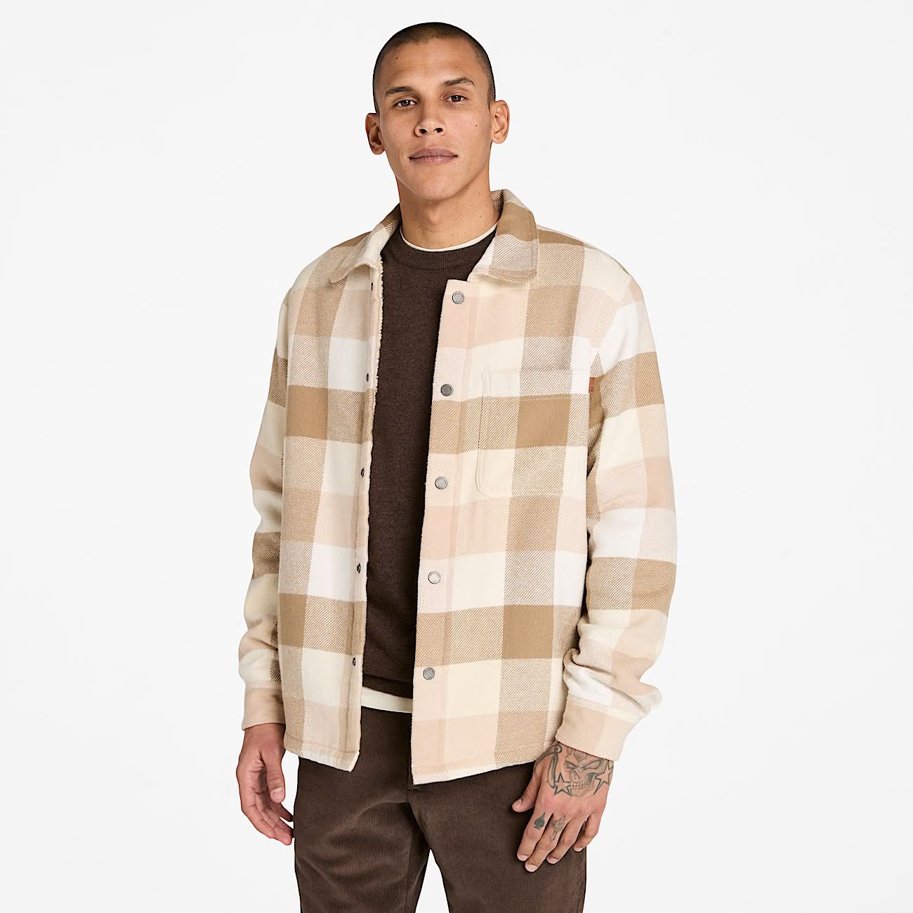 Overshirt in check con fodera orsetto beige