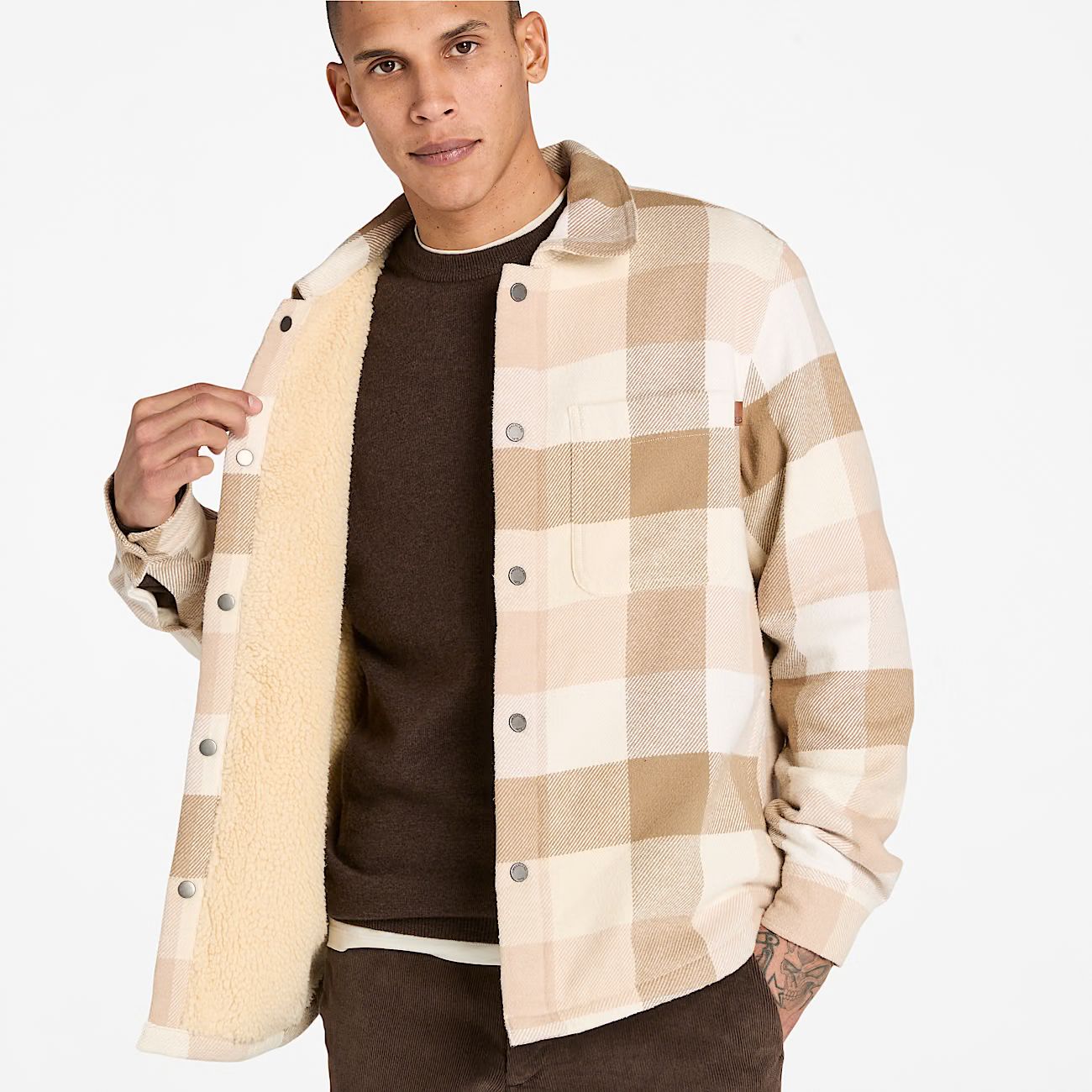 Overshirt in check con fodera orsetto beige