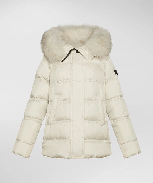 Puffer Jacket Con Cappuccio Bordato In Pelliccia Latte