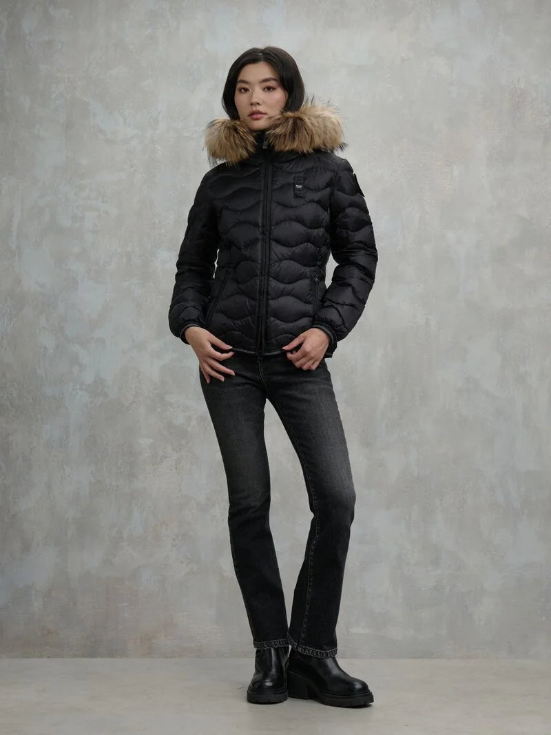 Piumino onde e collo in pelliccia Aldie nero