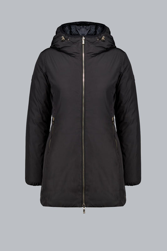 KALIE – Piumino lungo nero reversibile in vera piuma 800 fill power