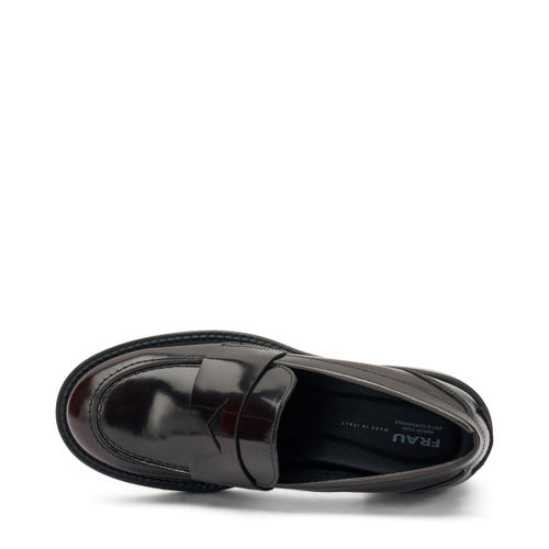 Mocassini con tacco in pelle lucida Bordeaux