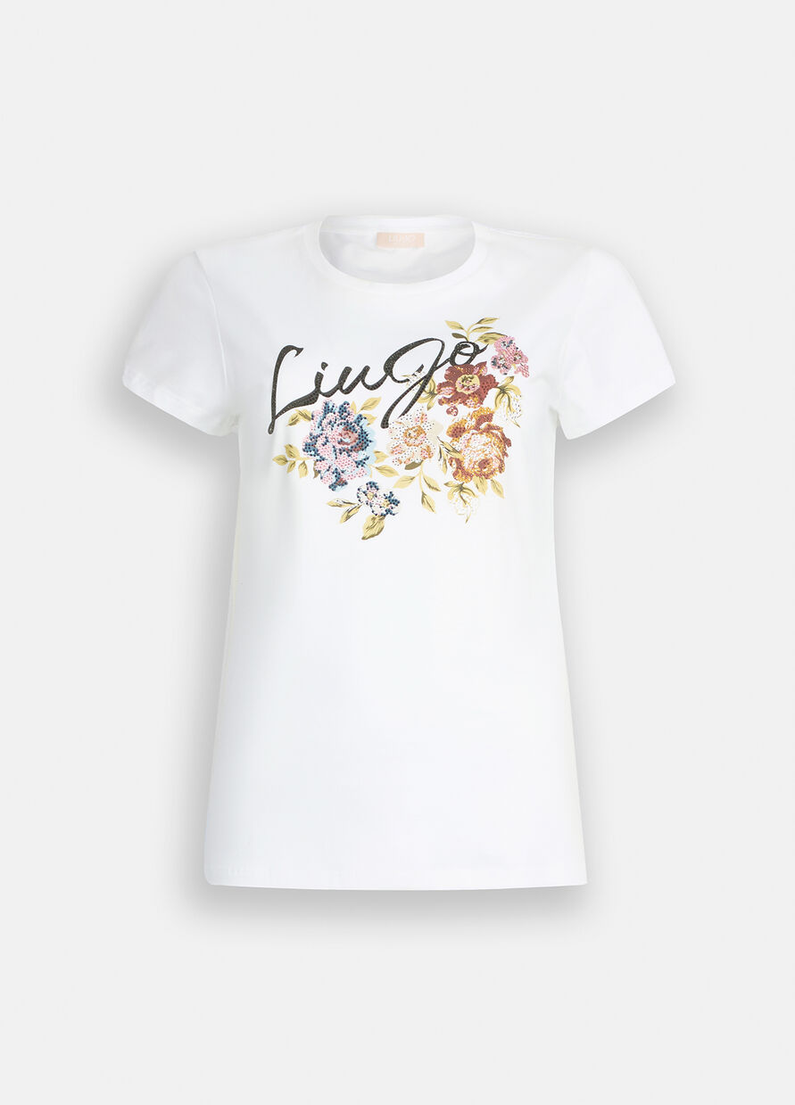 T-shirt Fiori Strass Bianca